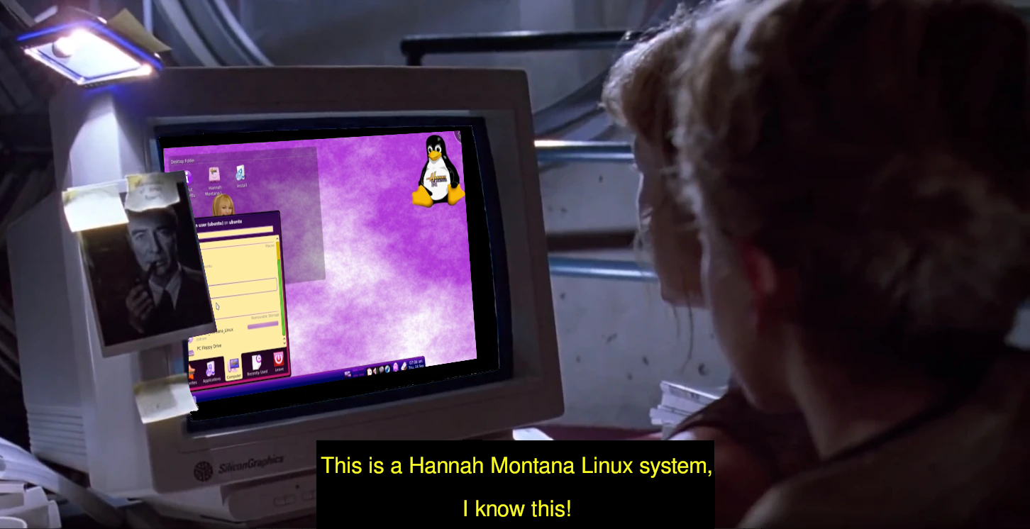 Lex from Jurrasic Park is looking at Newman's computer and exclaiming "This is a Hannah Montana Linux  system, I know this!". On the computer is the Hannah Montana Linux desktop. Lex knows systems!