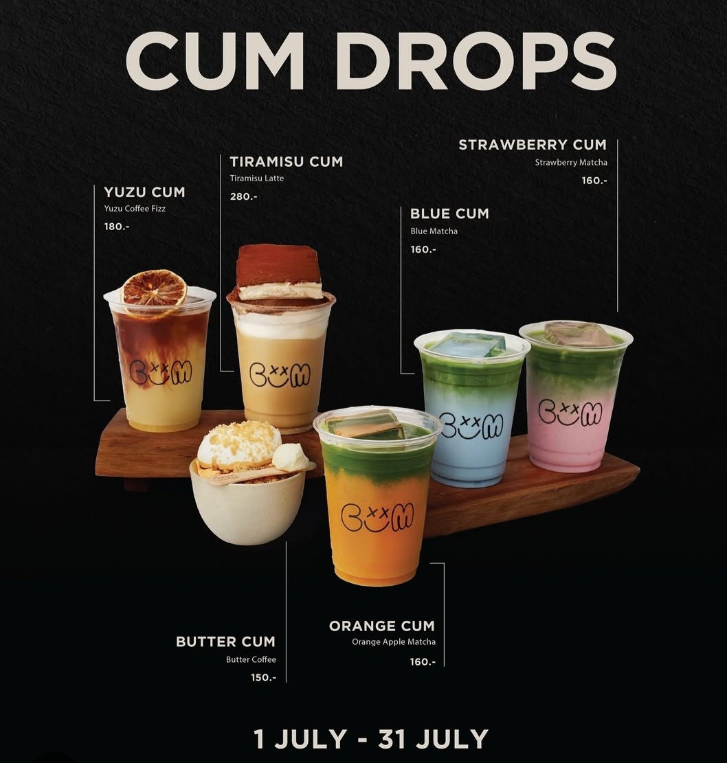Some plastic cups branded with the word "cum" containing different coffee flavours.
