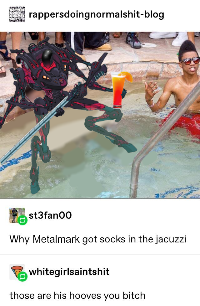 Edited tumblr screenshot; the first post is an image showing the mech Metalmark from the Lancer TTRPG in a jacuzzi, holding a cocktail. Metalmark has hooflike feet. The first reply says "Why Metalmark got socks in the jacuzzi", and the second says "those are his hooves you bitch". Edited from a meme post that originally depicted Lil Wayne.