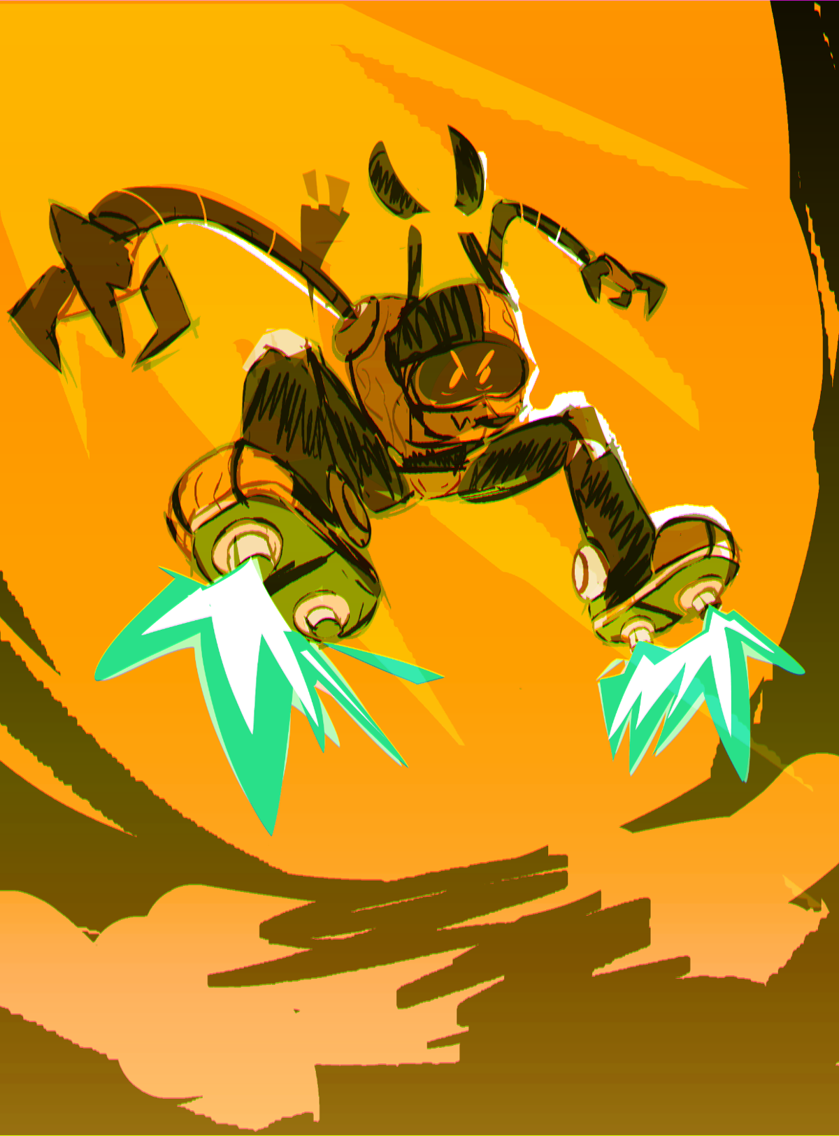 E.R.M., a robotic dog, is gliding with his hoverboots. He looks angrily at the viewer. The overall art is sketchy and dynamic, background is abstract